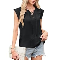 JASAMBAC Women's Dressy Casual Summer Tops Summer V Neck Cap Sleeve Shirts Loose Fit Flowy Drawstring Business Work Blouses