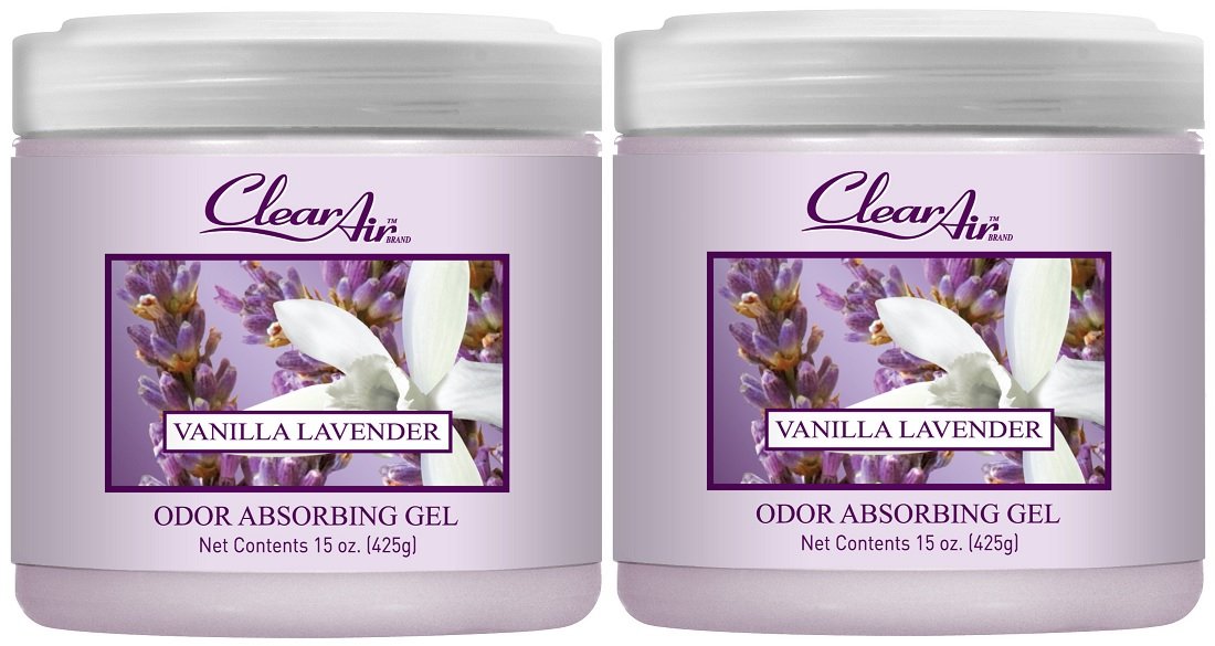 Clear Air Odor Absorber Gel - Air Freshener & Odor Eliminator - Made with Essential Oils - Absorbs & Eliminates Odors in Boats, RVs, Bathrooms & Pet Areas - Lavender Vanilla Scent - 15 Ounce - 2 Pack