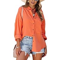 Women's Casual Linen Shirts for Women Solid Cotton Linen Loose Blouse Button Up Roll-up Sleeve Shirt Tops