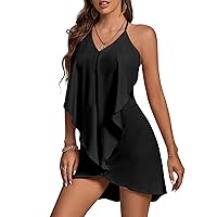 LYANER Women's Spaghetti Strap V Neck Ruffle Trim Sleeveless Flowy Mini Dress Black Small