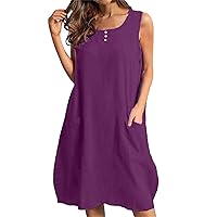Women's Summer Dresses Cotton Linen Spaghetti Strap Oversized Pocket Dress Sleeveless Loose Mini Dress(Purple,Large)