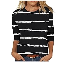 Women Striped Shirts 3/4 Sleeved Tops Round Neck Pullovers Tops Fall Summer Comfy T Shirts Blouses Sweatshirts