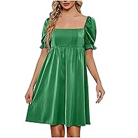 Womens Square Neck Puff Short Sleeve Babydoll Mini Dress Summer Smocked Back Casual Elegant Flowy A-Line Dresses