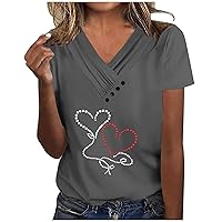 Prime Deal 2024 Cheap Casual V Neck Tops Women Cute Graphic Tee Summer Short Sleeve Cozy Blouses 2024 Trendy Heart Printed Tunic Shirts Trending With Trina