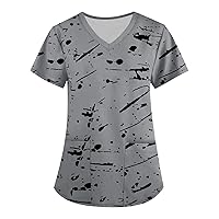 Womens Workout Tops, Women's Fashion V-Neck Short Sleeve with Pockets Stripes Printed Tops