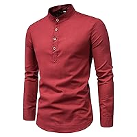 Men's Long-Sleeved Stand-Up Collar Cotton Linen Shirt Fashion Slim Pure Color Business Shirt Summer Button Blouse