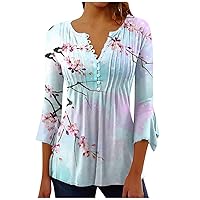 Women's 3/4 Sleeve Blouses Casual Button Down V Neck Shirts Tops Floral Print Loose Hide Belly Tunic Blouses for Leggings