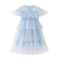 Toddler Girls Fly Sleeve Star Moon Paillette Princess Dress Rainbow Tie Dye Dance Party Ruffles Pocket Swing Dress