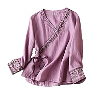 Spring Autumn Chinese Style Women Blouse Cotton Linen Embroidery Women Vintage Loose Shirt V-Neck Oriental Hanfu Tops