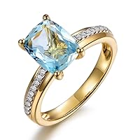 Antique Cushion Wedding Engagement Blue Aquamarine Diamond Solid 14K Yellow Gold Band Ring for Her