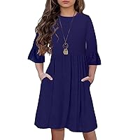 HOSIKA Girls Midi Dress Floral 3/4 Sleeve Ruffle A-line Swing Casual Dresses with Pockets for Kids 6-12 Years