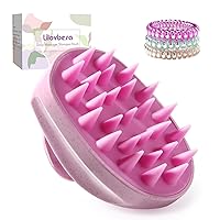 Scalp Massager Shampoo Hair Brush, Scalp Scrubber Head Exfoliator Brush with Soft Silicone Bristles for Women Men Kids Pets Shower Wet Dry Hair，Includes 3 Pcs Spiral Hair Ties(Purple)