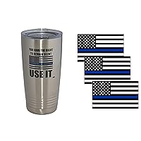 Funny Police Officer 20 Oz. Travel Tumbler Mug Cup w/Lid Vacuum Insulated Remain Silent And Three USA Blue Line Flag Sticker Combo Thin Blue Line Bundle PD Gift Set