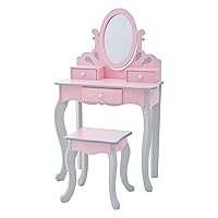 Princess Rapunzel Wooden 2-pc. Play Vanity Set with Three Storage Drawers, Rotating Oval Mirror and Matching Stool to Play Dress-Up, Princess or Beauty Salon, Pink and Gray