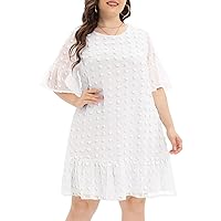 Women's Plus Size Swiss Dot Short Sleeve Ruffle Cute Summer Chiffon Loose Flowy Shift Mini Dress