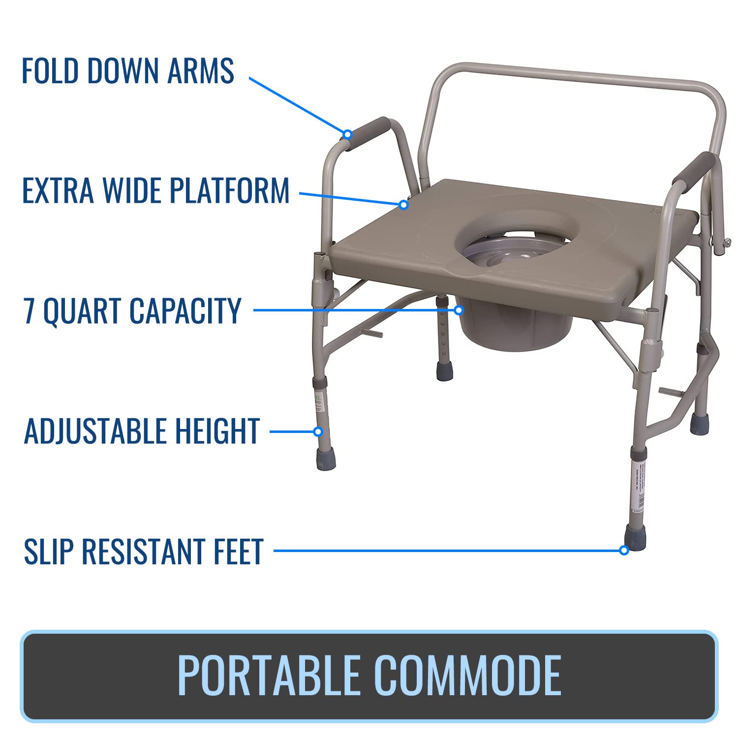 DMI Bedside Commode, Portable Toilet, Commode Chair, Raised Toilet Seat with Handles, Holds up to 500 Pounds with Included 7 qt Commode Bucket, Adjustable from 19-23 Inches, Extra Wide Commode