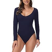 FV RELAY Women's Ribbed Sexy Deep V Neck Leotard Bodysuit Tops Stretchy Long Sleeve Bodycon Jumpsuits