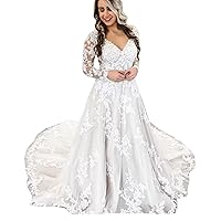 Melisa Women's Double V-Neck Bridal Ball Gowns Train Lace Mermaid Wedding Dresses for Bride Long Sleeve