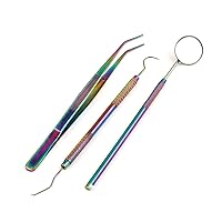 Professional Dental Hygiene Kit Titanium Rainbow 3pc Dental Pick, Tartar Scraper, Mouth Mirror and Forcep - Ideal for Personal Use & Pet Friendly for Deep Oral Cleaning