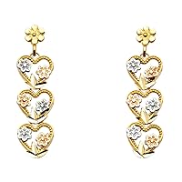 Hearts & Flowers Dangle Earrings 14k Yellow White Rose Gold Three Tiers Hanging Tri Color 32 x 8 mm