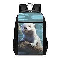 White Otter Print Simple Sports Backpack, Unisex Lightweight Casual Backpack, 17 Inches
