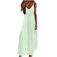 Women's Eyelet Embroidery Long Dress V Neck Boho Spaghetti Strap Maxi Dress Long Beach Sundress Vacation Outfits (X-Large, Mint Green)