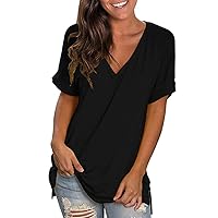Women's Tshirts V Neck Short Sleeve Summer Tops Casual Solid Color Basic Tee Shirts Plain Tunic Blouses