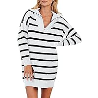 Pink Queen Women's 2023 Fall Sweater Dresses Zip Up Collar V Neck Long Sleeve Loose Ribbed Knit Mini Short Dress