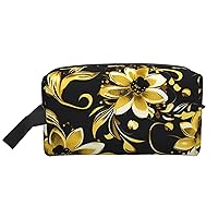 Black And Gold Flowers Printed Cosmetic Storage Bag, Women'S Travel Accessory Storage Cosmetic Bag
