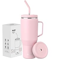 Sursip 50 oz Tumbler with Handle and Straw Lid - Stainless Steel Vacuum Insulated Coffee Cup Travel Mug, Keeps Drinks Cold up to 24 Hours - Sweat Proof, Dishwasher Safe, Cupholder Friendly - Pink