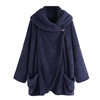 Plus Size Fuzzy Button Cardigan Coat for Women Batwing Sleeve Winter Lapel Jacket Warm Fleece Outwear with Pockets