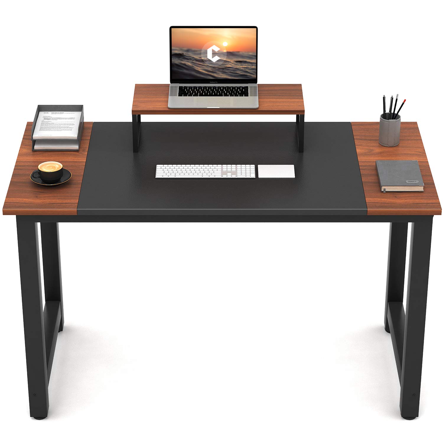 CubiCubi Computer Office Desk 55", Study Writing Table, Modern Simple Style PC Desk with Splice Board, White and Walnut