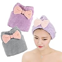 KON Microfiber Hair Towel 2 Pack, Hair Towel with Ribbon, Fast Drying Hair Turban Towel for Women, Quick Absorbent Hair Drying Towel Wrap for Wet, Purple + Gray