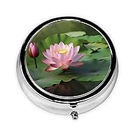 Pill Organizer Beautiful Lotus Flower Round Pill Box 3 Compartment Fashion Medicine Pill Case Portable Travel Pill Case Metal PillBoxs for Pocket Purse Office Travel