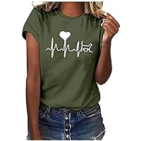 Women's Heartbeat Print T Shirt Dog Lover Tops Funny Graphic Tee Summer Casual Short Sleeve Blouse Crewneck Tunic