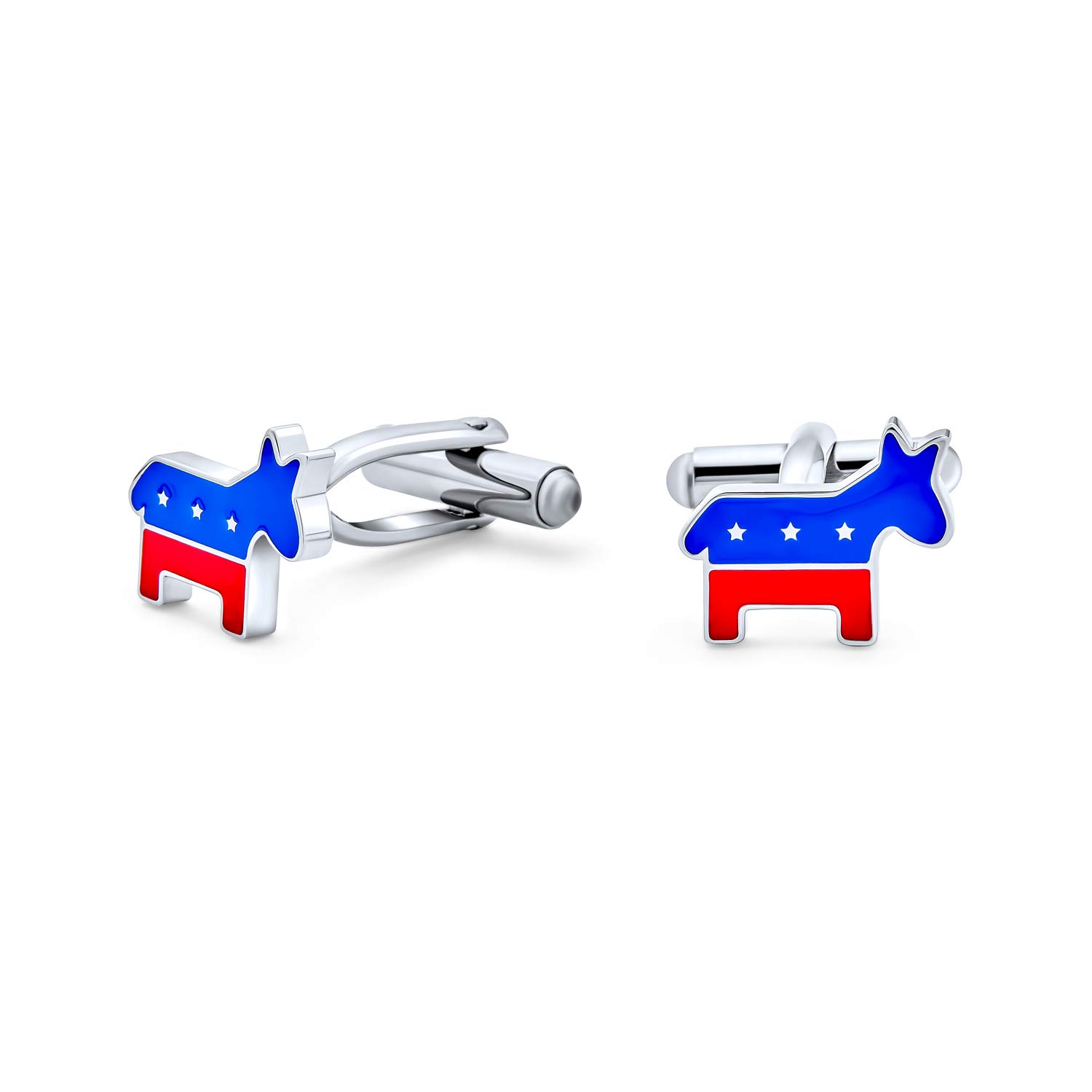 Patriotic American USA Red White Blue Animal Donkey Elephant Shirt Cufflinks For Men Symbol of Democrat Republican Party Political Enamel Three Tone Silver Tone Stainless Steel Hinge Bullet Back