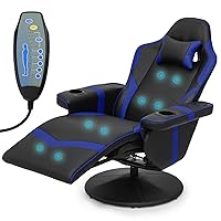 MoNiBloom Massage Video Gaming Chair with 2 Speakers, Swivel Ergonomic Gaming Lounging Pedestal Recliner Chair with Neck Support, Built-in Cupholders and Storage Bag, Comfortable Theater Chair, Blue