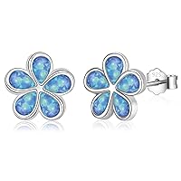 Sterling Silver Flower Opal Stud Earrings for Women Girls, Small Hypoallergenic 925 Silver White/Blue/Pink Opal Stud Earrings Jewelry Gifts 10mm