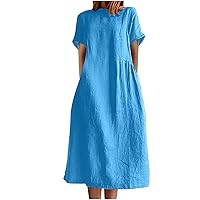 Mini Dress Y2K Cotton Linen Midi Dress for Women, 2024 Casual Knee Length Dresses Trendy Sundresses Loose Short Sleeve Tunic Dress Vestidos De Verano para Blue
