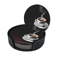 (Hot Coffee with Coffee Bean) Print Leather Coasters Set of 6 for Drinks with Holder Absorbent Round Cup Mat Pad for Living Room Dining Table Kitchen Home Decor Housewarming Gift