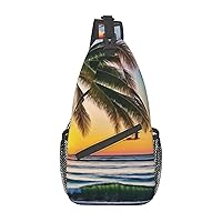 Beach Palm Trees Sunset Print Cross Chest Bag Diagonally,Sling Backpack Fashion Travel Hiking Daypack Crossbody Shoulder Bag For Men Women