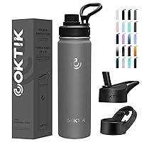 COKTIK Insulated Stainless Steel Water Bottle With Straw Lid, 22 oz Wide Mouth Double Wall Vacuum Insulated Water Bottle Leakproof Lightweight for Hiking, Biking, Running(Graphite)