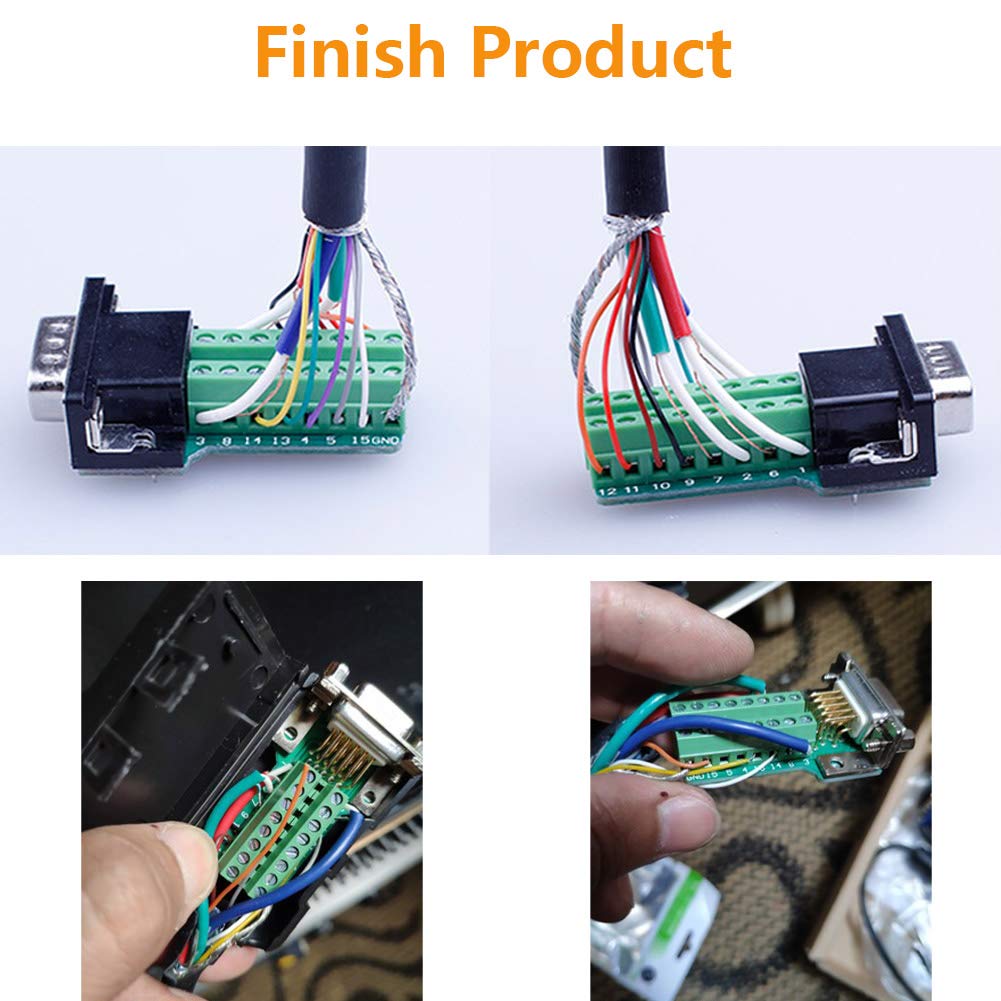 Jienk 4Packs VGA DB15 3 Row Solderless Male Quick Connector, 3+9 D-SUB 15 Pin Port Terminal Solderfree Breakout Connector Board with Case Accessories Long Bolts