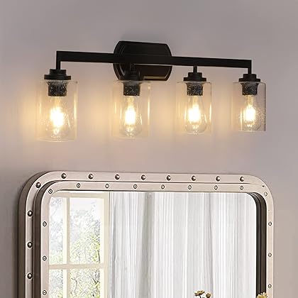 Apsekoka 4-Light Indoor Bath Vanity Light Fixtures, Farmhouse Bathroom Vanity Lights Wall Sconce Over Mirror Lamp for House Bedside Kitchen, Oil Rubbed Bronze with Seeded Glass Shade Covers