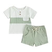 Kupretty Baby Boy Summer Clothes Toddler Outfit Linen Short Sleeve Button T-Shirt Tees + Shorts Infant Clothing Set