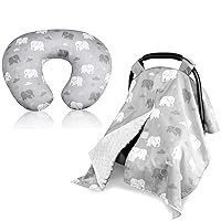 Nursing Pillow Cover & Peekaboo Opening Carseat Canopy, Breastfeeding Pillow Cover & Baby Carseat Cover, Grey Elephant