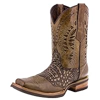 Texas Legacy Mens Black Western Leather Cowboy Boots Crocodile Print Square Toe