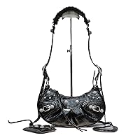 High-end rivet motorcycle bag, cool hot girl three-in-one crescent bag, genuine leather pleated armpit bag (Color : Diamond crocodile black, Size : Large)