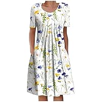 Dresses for Women Summer Casual Floral Printed Short Sleeve Scoop Neck Pleated Pocketed Swing Knee Length Dress