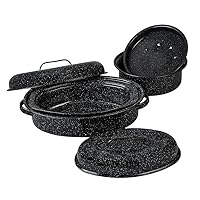 Granite Ware Covered Roasting Set - 13 Inch & 15 Inch Oval Roaster + 15 Inch 3 lbs. Round Roaster - Enameled Steel Design to Accommodate up to 7 lbs. & 10 lbs. Poultry/Roast - Resists Up to 932°F